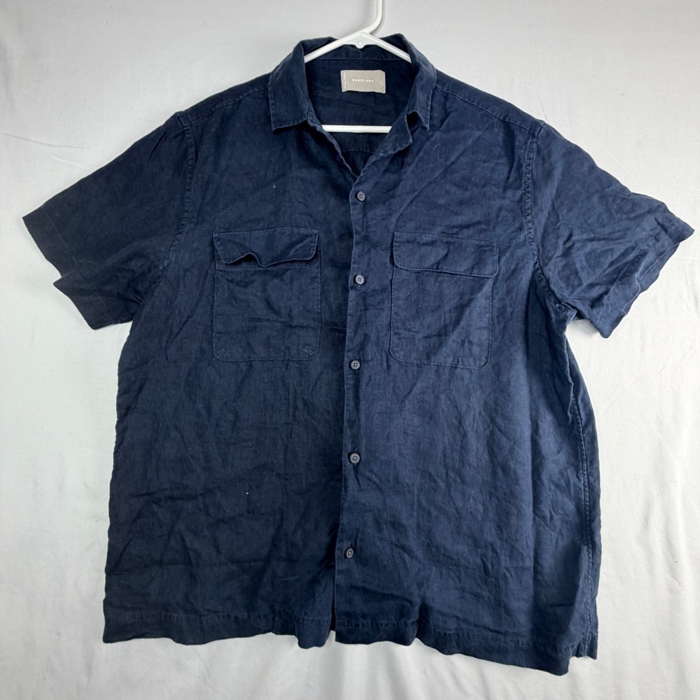 Everlane Linen Short Sleeve Button Down Shirt Large Navy Blue Dual Pocket